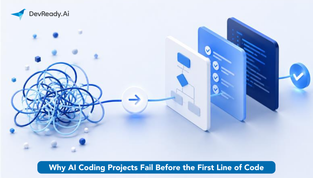 Illustration of structured software planning transforming a rough idea into a build-ready AI development workflow.